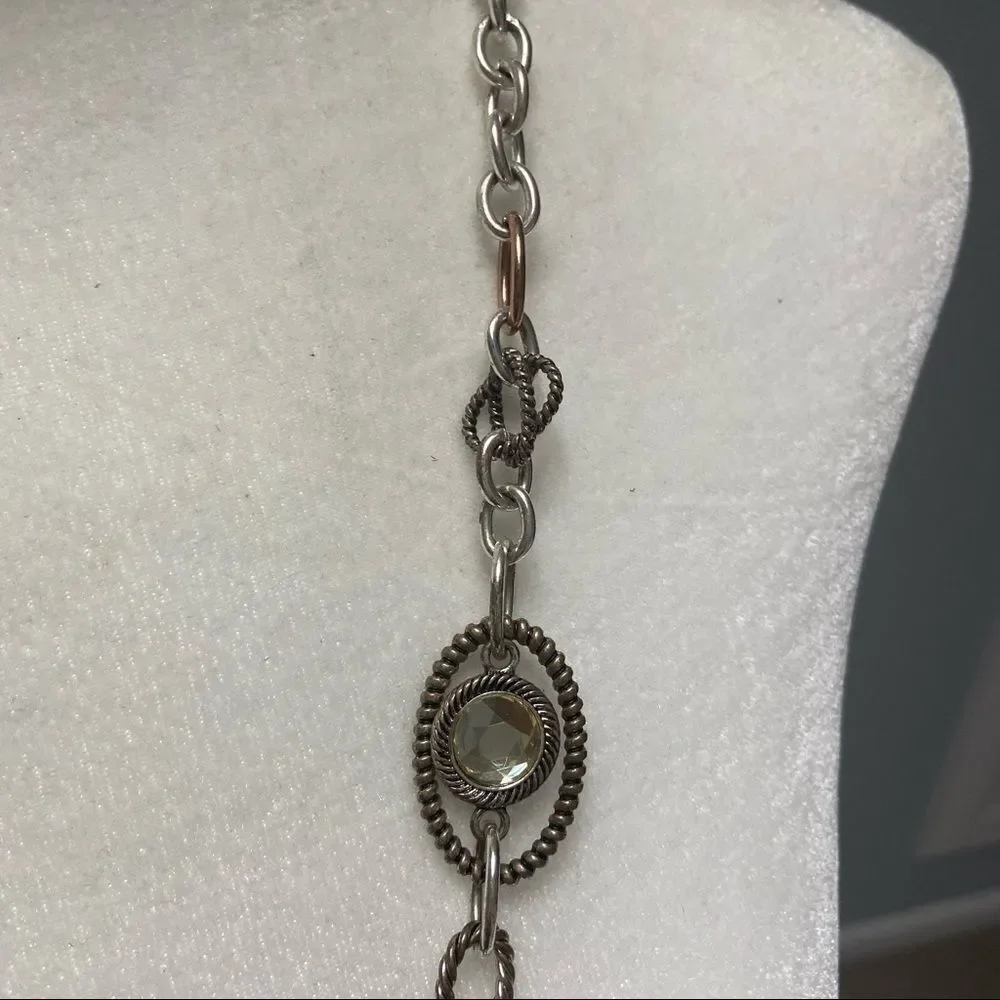 Long link silver and gold tone adjustable necklace with faceted yellow jewels